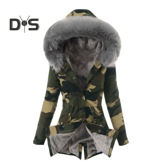 Women Winter Down Coat Faux Fur Fleece-lined Zip-up Press Button Closure Windproof Mid Length Jacket Camouflage Print Slim Fit Outerwear