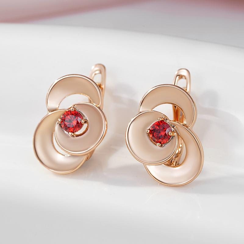 Женские серьги-подвески Kinel с красным цирконием в форме цветка, розовое золото, свадебные украшения для невесты