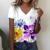 Женские летние топы, повседневная базовая футболка с V-образным вырезом и цветочным принтом, с коротким рукавом