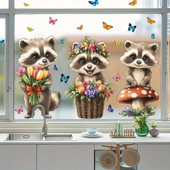 Spring Fox Window Clings Cartoon Fox Flowers Butterflies Glass Sticker Removable Cute Animal Window Decals for Home Office Shop