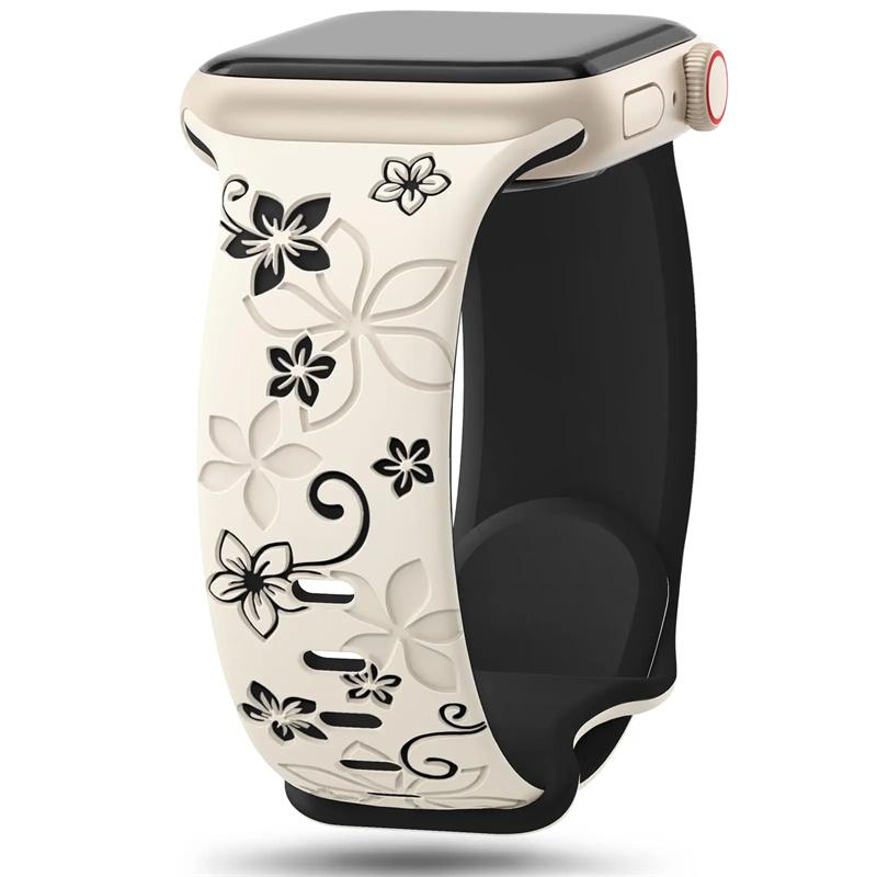 Floral Engraved Strap For Apple Watch Band 46mm 49mm 45mm 44mm 42mm 41mm 40mm 38mm Silicone Sport Bracelet iWatch Series 10 SE 9 8 7 6 Ultra 2