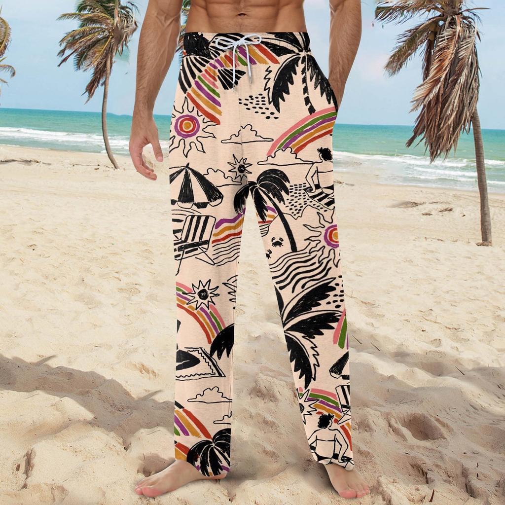 Мужские мягкие домашние пижамные штаны с гавайским принтом, повседневные спортивные штаны с завязками