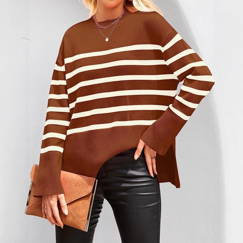 Women's knitted sweater 2025 autumn and winter new products European and American cross-border casual stripes loose crew neck pullover sweater