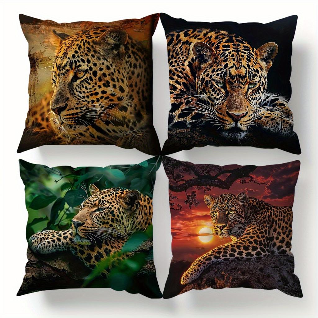 Safari Leopard Pillow Covers, Realistic Big Cat Jungle Scene Decorative Throw Pillow Cases, Wildlife Home Decor Cushion Covers
