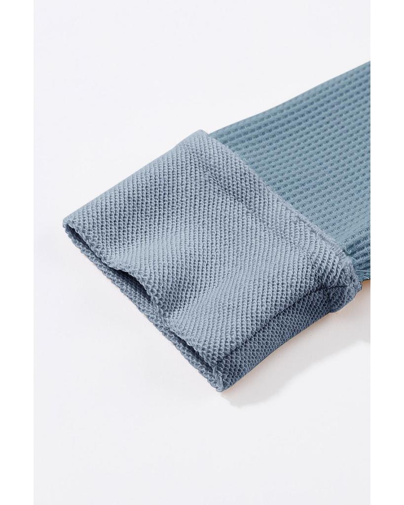 Azura Exchange Sky Blue Waffle Knit Buttoned Long Sleeve Top