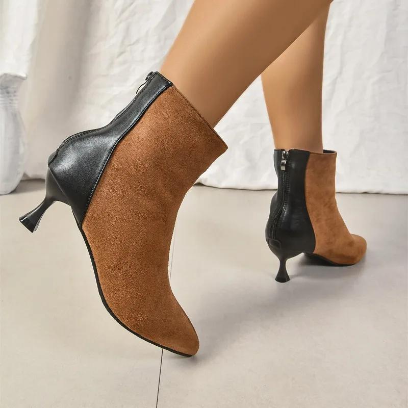 2024 Большие размеры Женская обувь Современные женские ботинки Ботильоны для улицы Женские пошивочные туфли с острым носком на тонком каблуке с застежкой-молнией сзади Женские