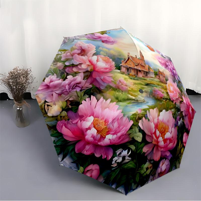 1pc Pastoral Landscape Automatic Open/Close Umbrella - Portable Collapsible Umbrella with 8-Rib Stability, Fashion Lovers yy251017198