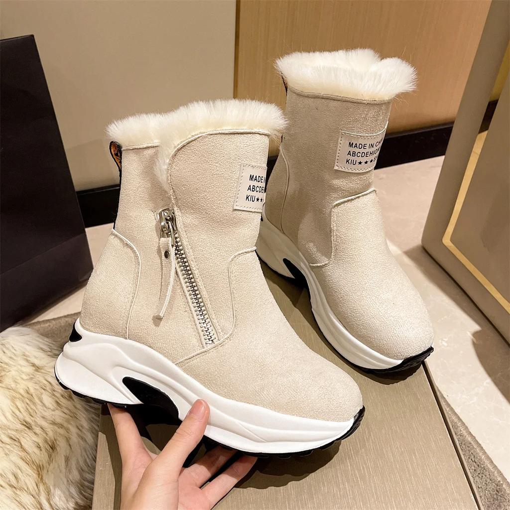 Fashion Women Ankle Boots Warm Plus Fleece Thick Sole Winter Women Snow Boots Fashion Side Zipper Wedge Outdoor Sneakers Botas Mujer