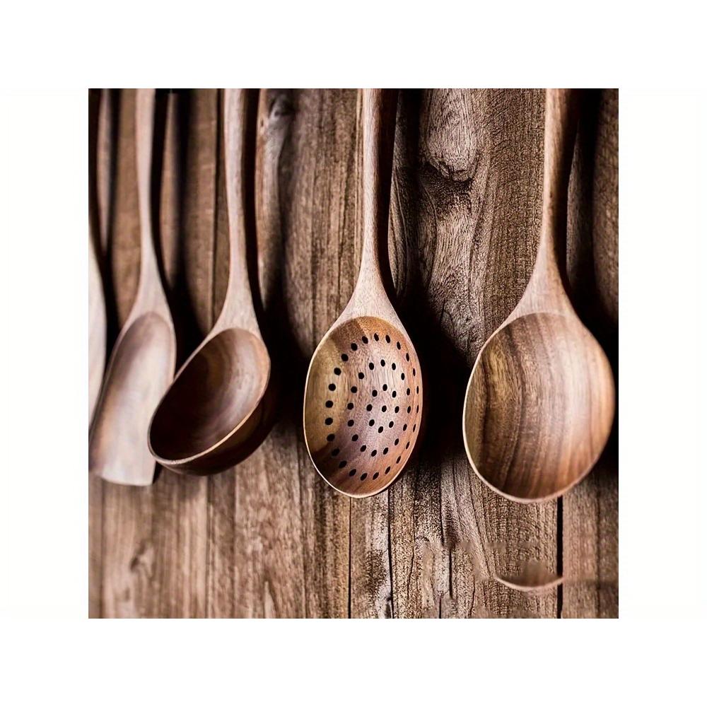 Набор из 5 высококачественных деревянных кухонных принадлежностей - ручка, натуральная деревянная ложка, кухонная лопатка, суповая ложка, антипригарная сковорода, специальная лопатка