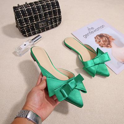 Модные шелковые балетки с острым носком, женская летняя обувь для улицы, популярные в сети, универсальные, с модным бантом, сандалии и шлепанцы с закрытым носком