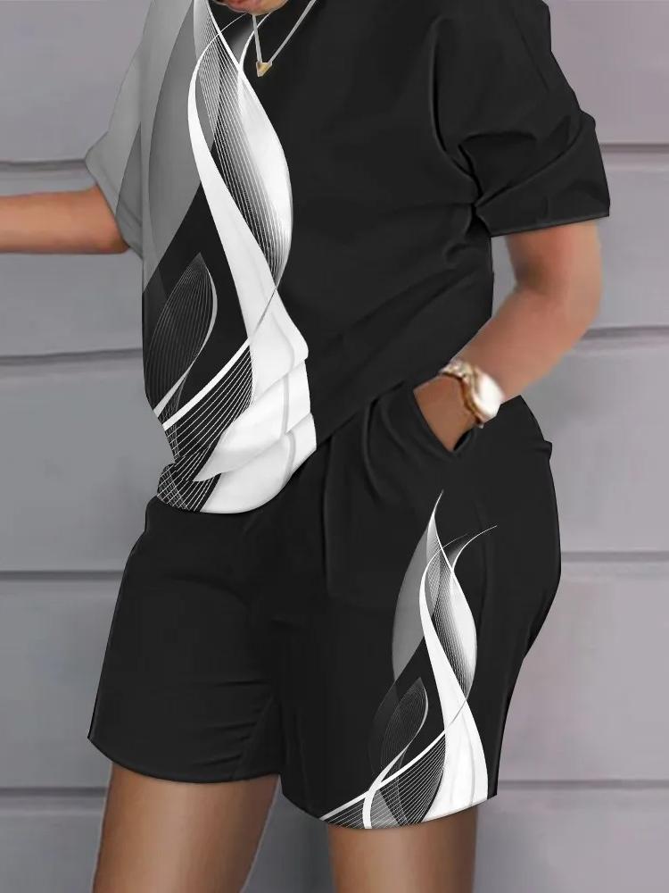 Повседневный топ и шорты, комплекты, повседневная футболка с коротким рукавом, женский летний комплект с градиентом и 3D принтом, карманные шорты, костюм, женская футболка, шорты