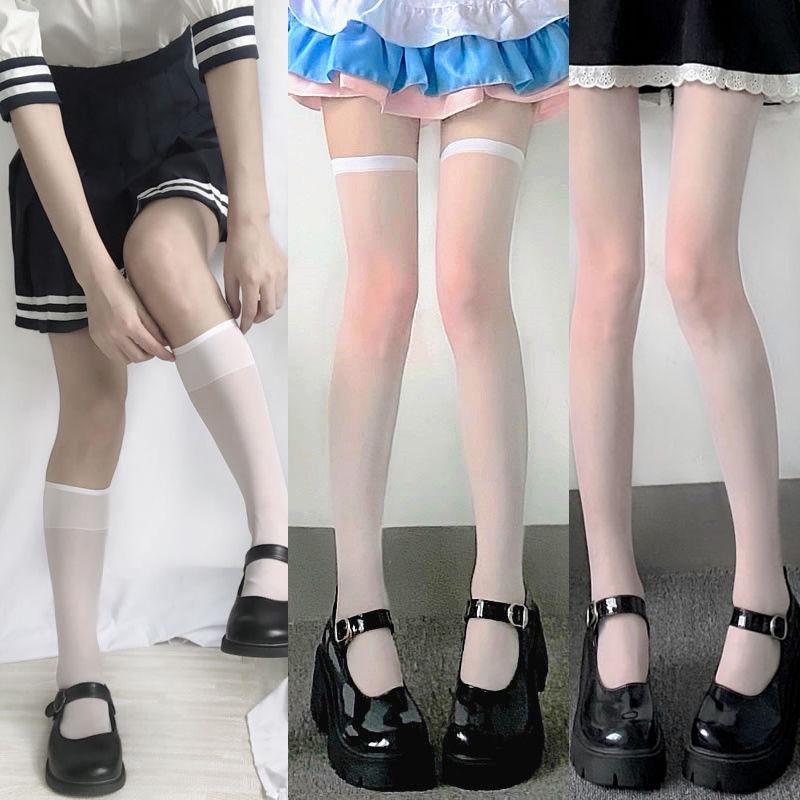 White Silk Over-the-Knee Lolita Stockings - Anti-Snag Thin Summer Socks