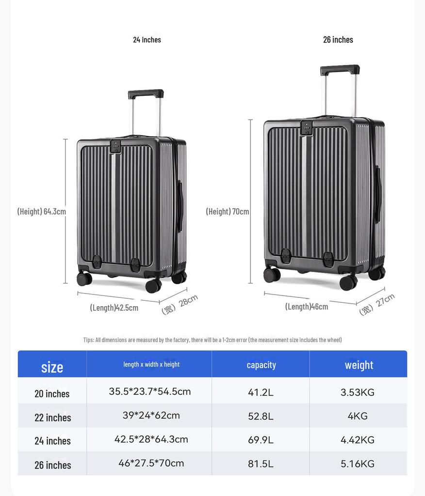 Yongsheng 20" Cabin Suitcase with Universal Wheels, Anti-Fall, 24" Optional, Front-Opening Trolley Case, Secure Lock.