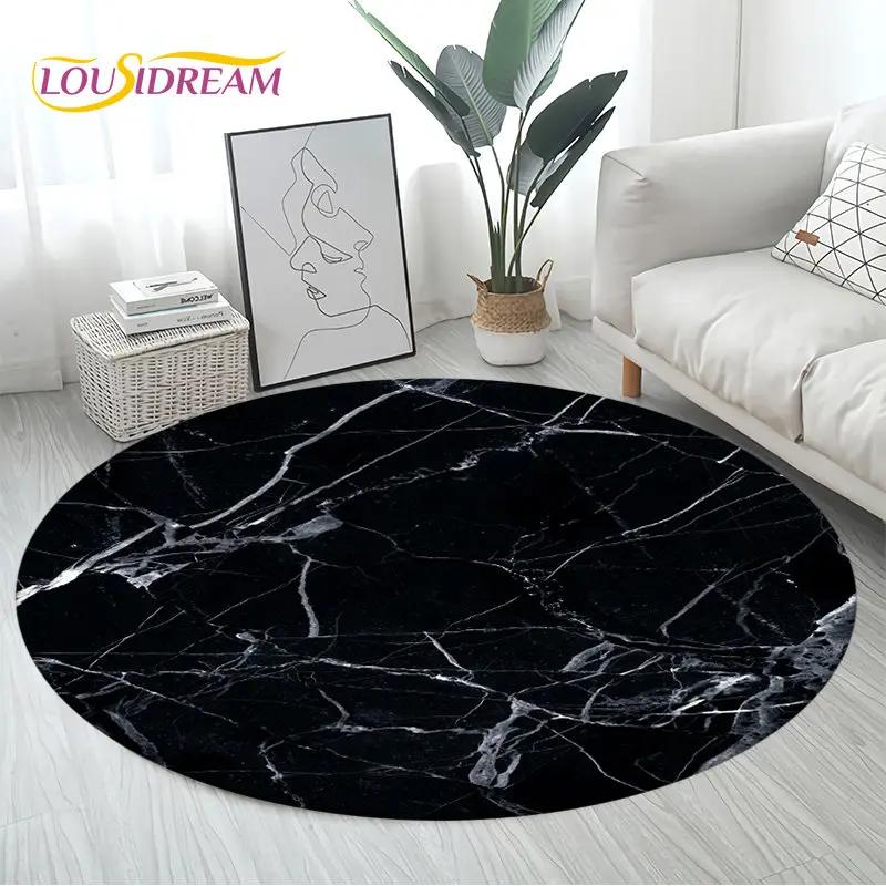 Round Area Rug – Black, Gold & Blue Circle Carpet for Living Room, Bedroom, Sofa, Kitchen Floor Mat
