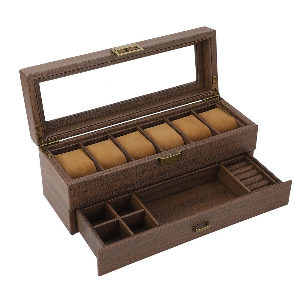 Watch Holder Vintage Grain PU Leather Double Layers 6 Slot Watch Holder Organizer