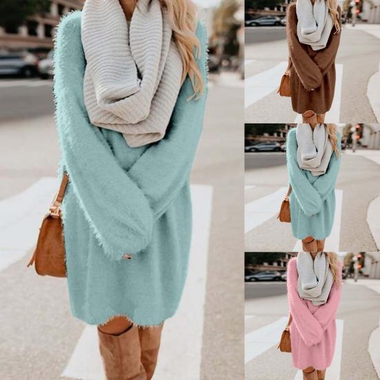 Шикарный женский осенний однотонный свитер с круглым вырезом, пушистое свободное платье длиной до колена