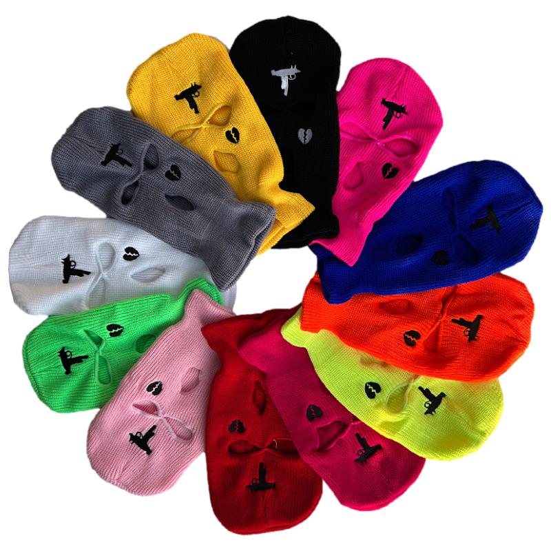 Балаклава с 3 отверстиями, полнолицевая маска, вышитое изображение пистолета, разбитого сердца, вязаные шапки, армейский тактический лыжный чехол для велоспорта, капюшон, шлем для мотоцикла