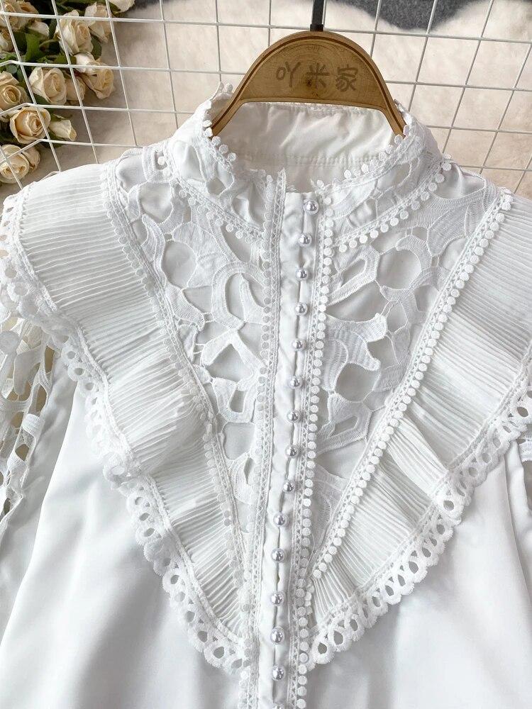 Винтажная блузка в стиле суда для женщин, с воланами, ажурные кружевные лоскутные рубашки с длинными рукавами-фонариками, женские блузки, Прямая поставка