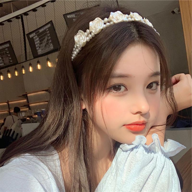 Двухслойная цветочная повязка на голову с розовым жемчугом в стиле ретро — корейский стиль
