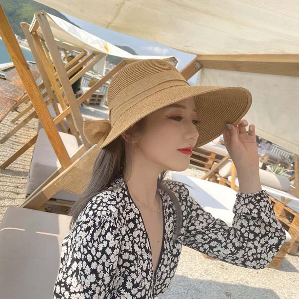 Portable Big Brimmed Woven Cap Breathable Bow Fisherman Cap Straw Weaving Beach Hat  Seaside