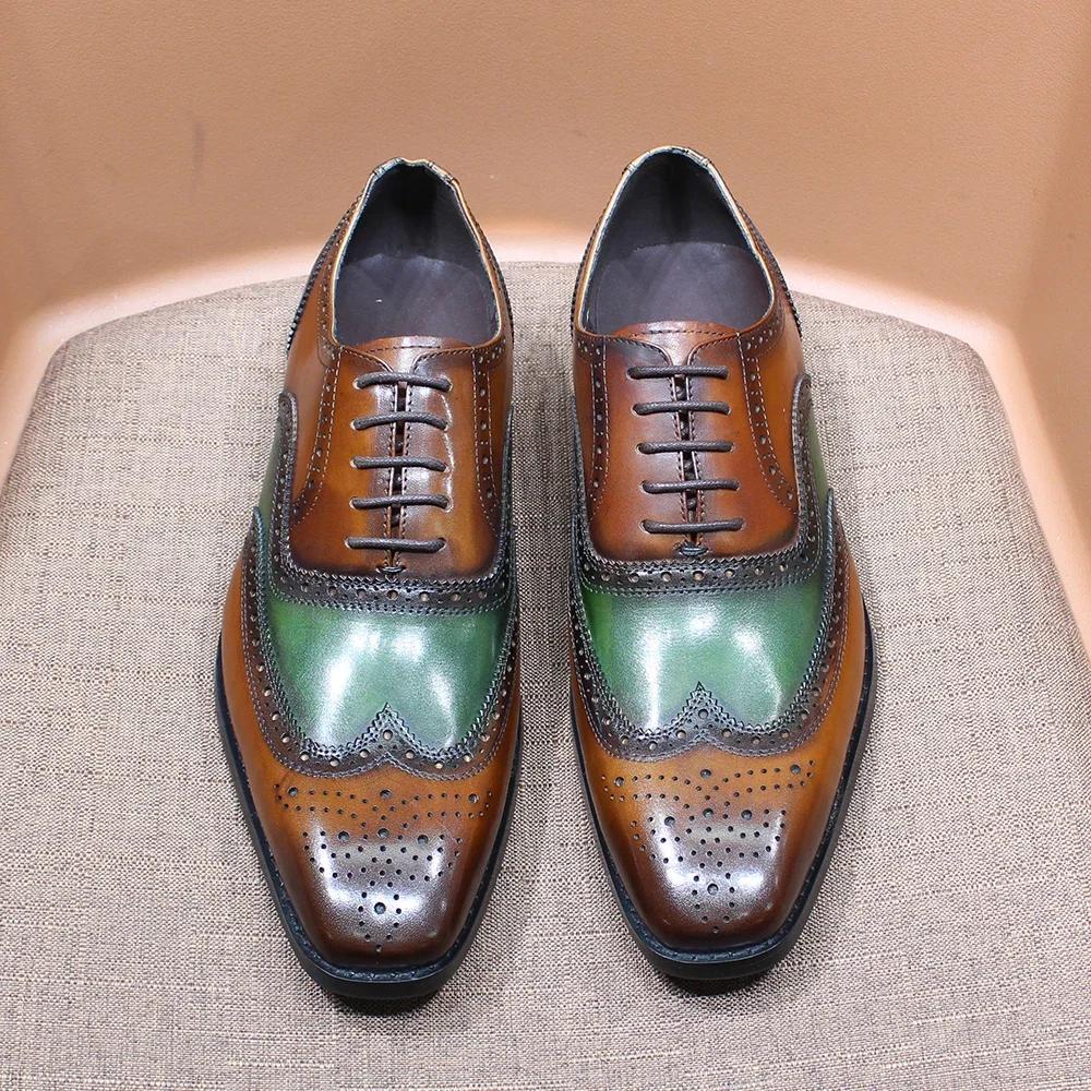 Fashion Luxury Mens Brogue Oxford Shoes Genuine Leather Lace Up Wedding Party Office Formal Shoes Handmade Wing Tip Mens Dress Shoes