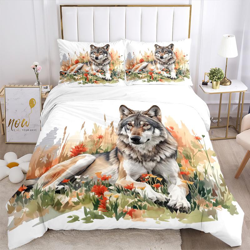 3pcs Wild Wolf amidst Autumnal Wildflowers Print Bedding Set (Without Inserts), Soft and Comfortable J092