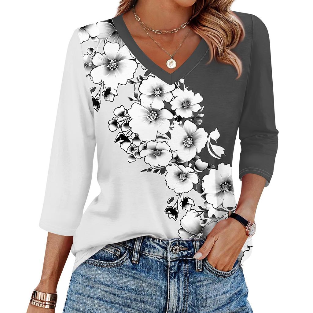 Женская футболка с принтом, рукав 3/4, повседневная мода на выходные, базовый топ с V-образным вырезом