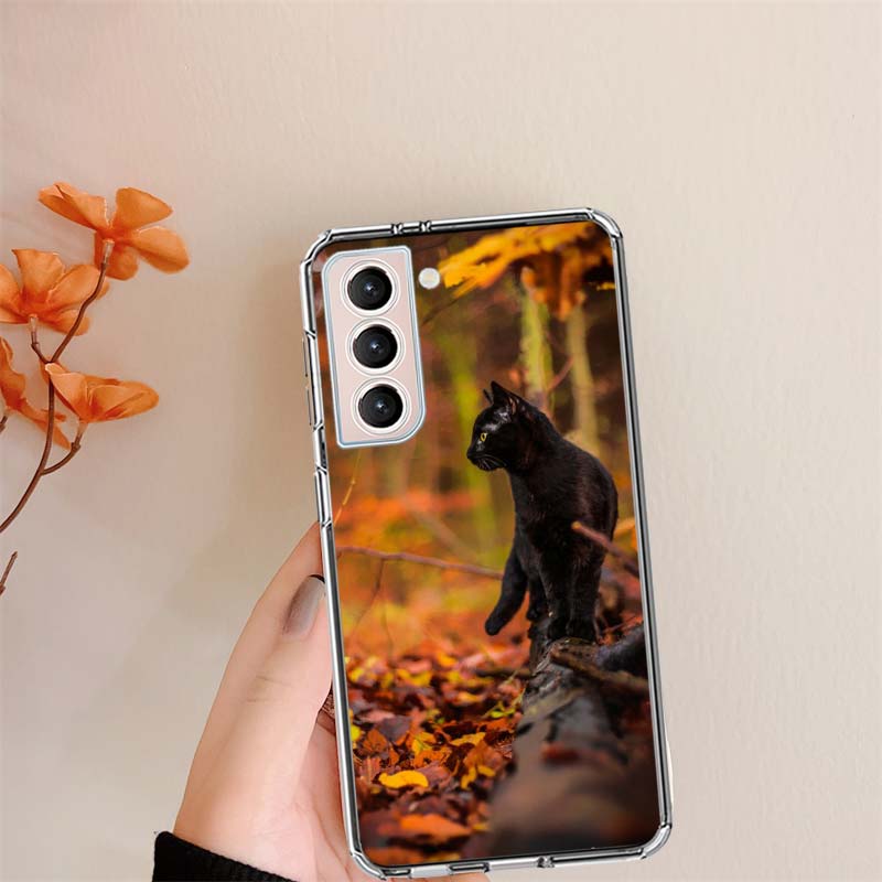 Autumn Maple Leaf Black Cat Clear Phone Cases for Samsung S26 Ultra Galaxy S25 Edge S24 S23 FE S21 Plus S20 S22 S10 Cover Patter