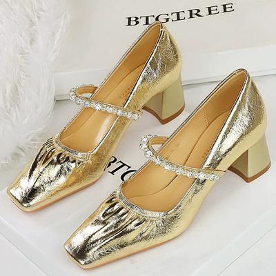 Туфли 5 см Лодочки Плиссированный вырез туфель Туфли на среднем каблуке Женские Туфли Мэри Джейн с квадратным носком Водяной бриллиант Жемчуг женские туфли 2025