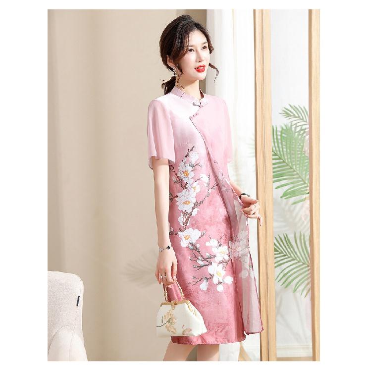 Летнее шифоновое платье в китайском стиле: Платье с короткими рукавами и принтом, круглым воротником и линией талии, идеальное для изящного и очаровательного образа.