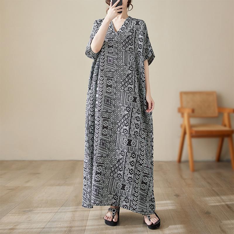 Летнее женское пляжное платье больших размеров из хлопка и льна с принтом и V-образным вырезом, свободное, простое, в стиле отпуска, длинное платье