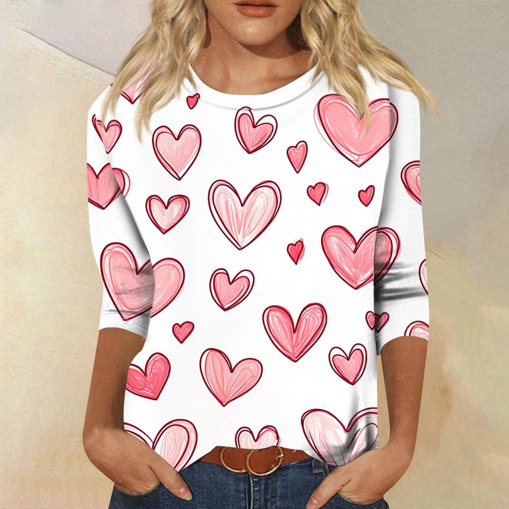 Футболка женская с рукавом 3/4, повседневная футболка с принтом ко Дню святого Валентина, джемпер с круглым вырезом