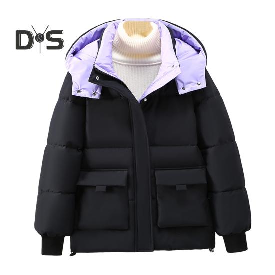 Зимнее пуховое пальто с капюшоном, воротником-стойкой, карманами, застегивающейся на молнию, ветрозащитная, сохраняющая тепло куртка для повседневной холодной погоды из хлопка