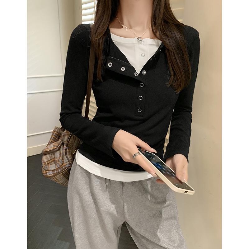 Футболка с полуоткрытым воротником и длинными рукавами, контрастная, женская, весенняя, облегающая, поддельная, из двух частей