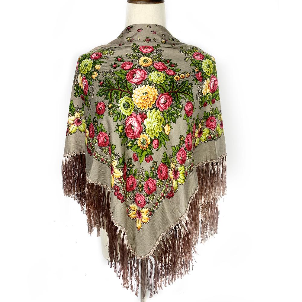 Women Retro Ukrainian Fringed Shawl Babushka Bandana Handkerchief Female Head Wraps Russian Floral Print Square Scarf