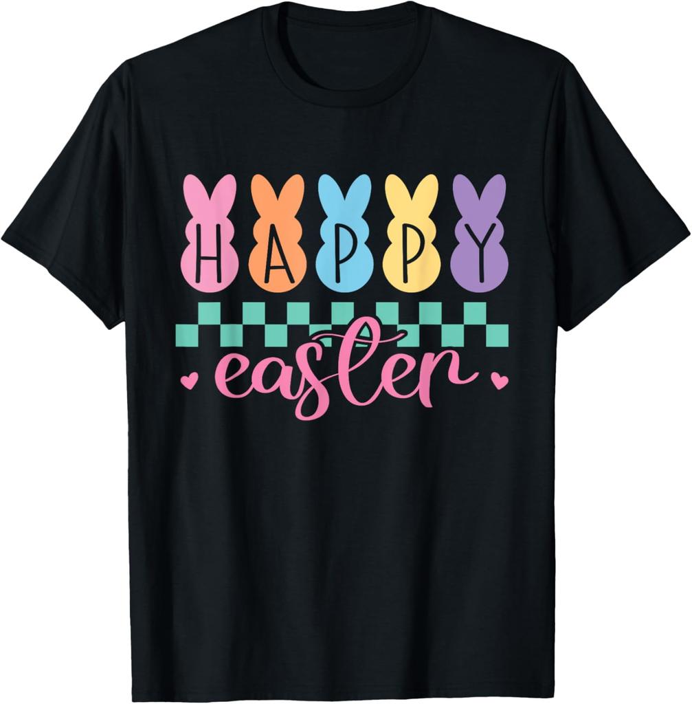 Happy Easter Bunny Graphic Tee Pastel Checkered Print Casual Short Sleeve T-Shirt