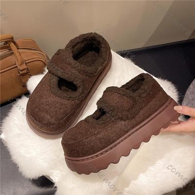 Празднуйте Универсальные Ретро Однотонные Хлопковые Туфли на Толстой Подошве для Женщин Зимние Повседневные на Плоской Подошве Сохраняющие Тепло Однотонные Меховые Балетки