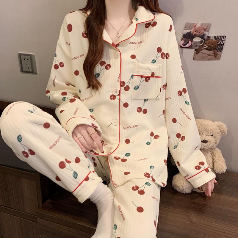 Air cotton pajamas women's autumn and winter interlayer warm long-sleeved suit cartoon embroidered loungewear real shot