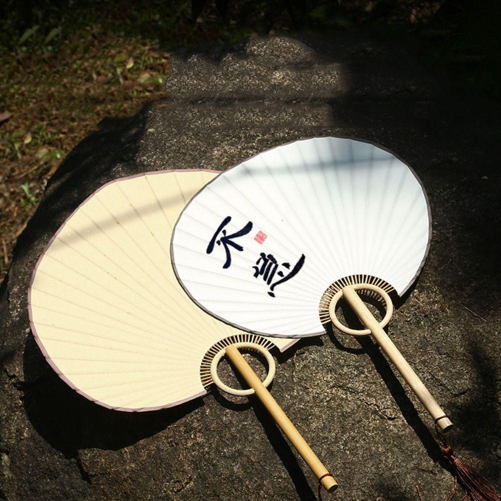 Handmade Japanese Style DIY Fan Bamboo Handle Round Fan Hand Painted Fan  Painting Creation
