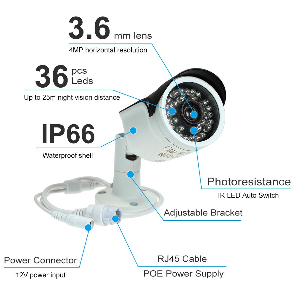 4MP ( 1080P / 1440P / 1520P ) Camera HD Bullet POE IP Camera Cam 1/2.7 Wiht IR Night Vision Motion Detection, Waterproof Functions