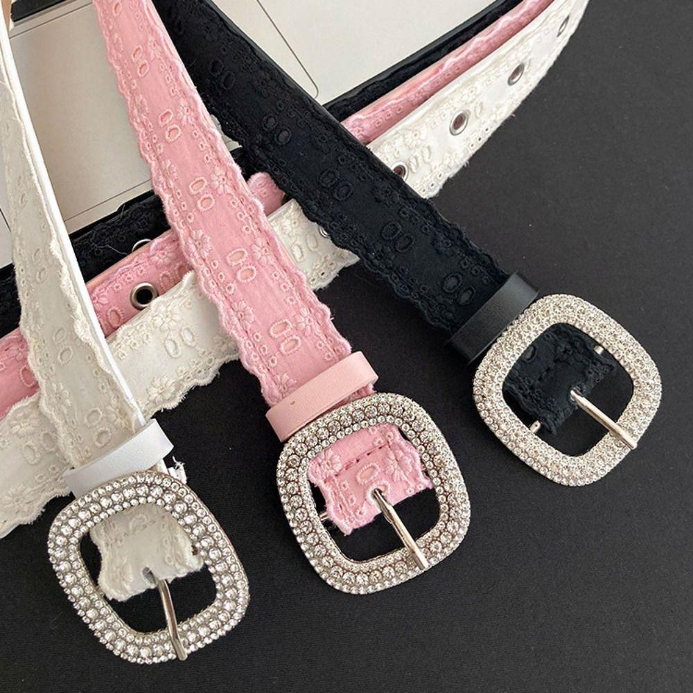 Square Buckle Rhinestone Belt PU Leather Women Waistband Vintage Lace Belt Female