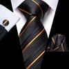 Gold Black Striped Mens Silk Tie Cufflinks Hanky Jacquard Paisley Floral Tie Set