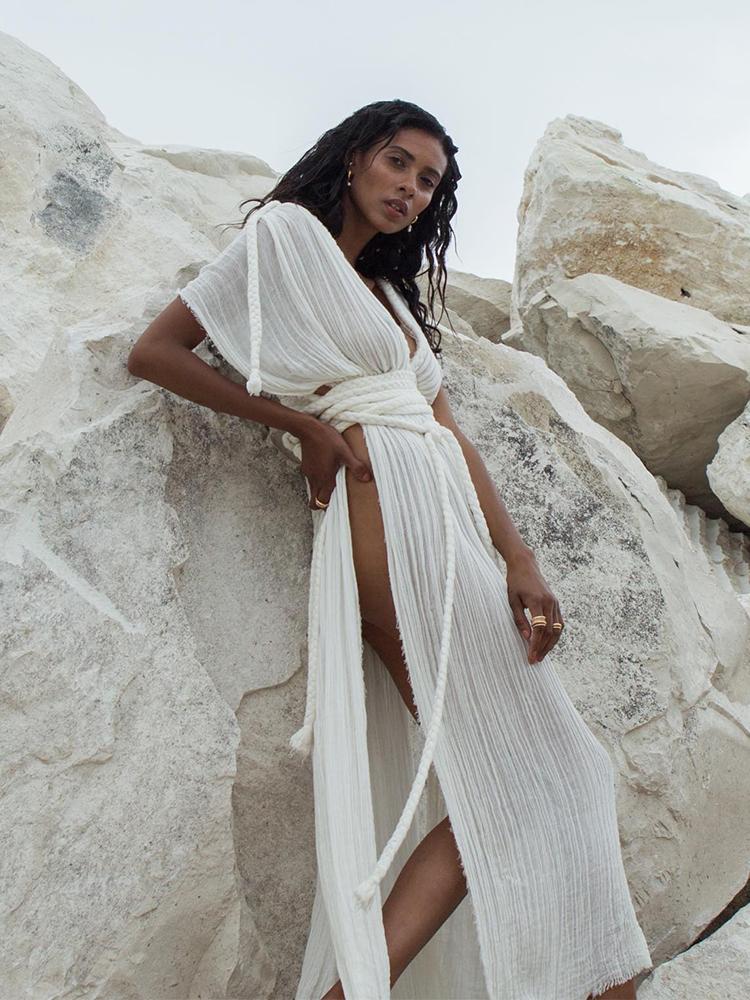 EDOLYNSA Элегантное женское платье знаменитостей с глубоким V-образным вырезом, вязаное плетеное веревочное летнее вечернее платье макси, туника, пляжная одежда, купальник, накидка A2848