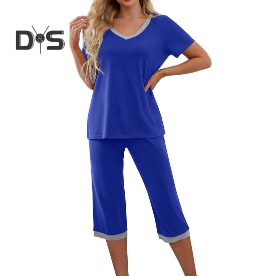 Женский пижамный комплект с коротким рукавом, V-образным вырезом и широкими укороченными брюками, комплект из 2 предметов для дома, повседневная летняя одежда для сна с карманами