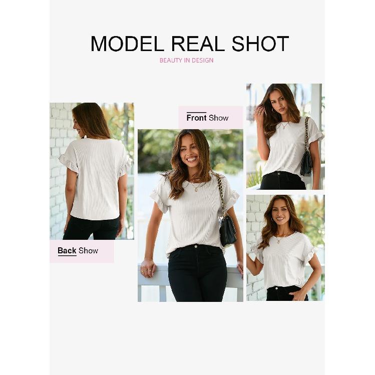 Женская футболка с коротким рукавом, повседневные базовые футболки, летние однотонные вязаные футболки свободного покроя с рюшами и круглым вырезом, блузки