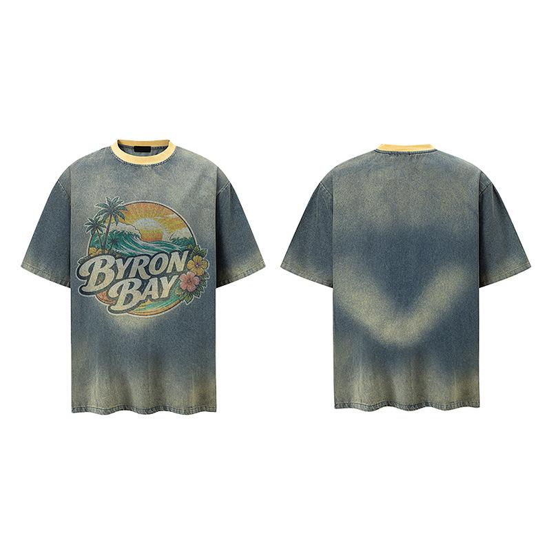 American trendy brand washed old denim short-sleeved T-shirt men's and women's summer retro loose couple half-sleeved t-shirt top