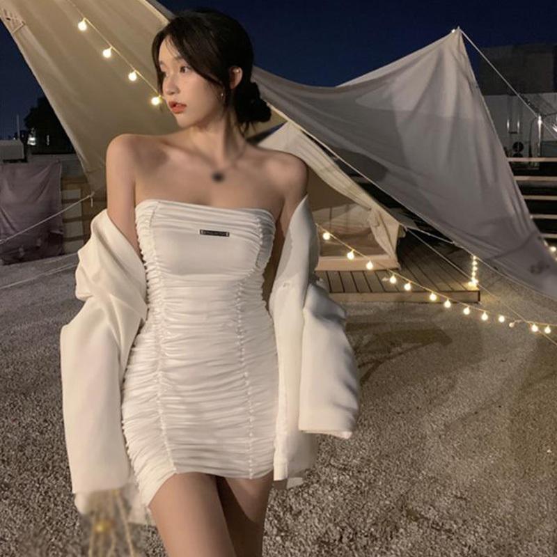 Pleated Sleeveless Mini Dress Solid Colour Sleeves Package Hip Pleated Women Dress