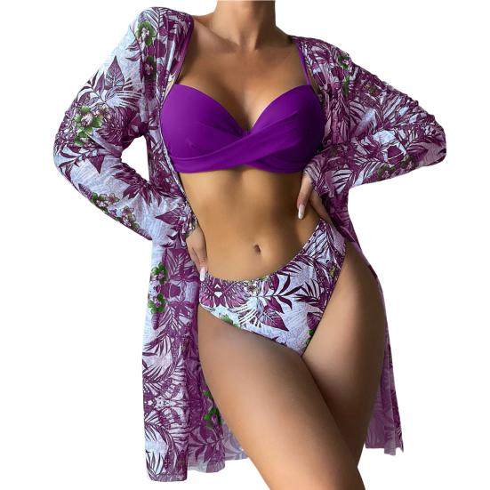 3 шт./компл. Женский комплект бикини с цветочным принтом, раздельный, на бретелях, с подкладкой, купальник-спагетти, сексуальный, с длинным рукавом, EMA