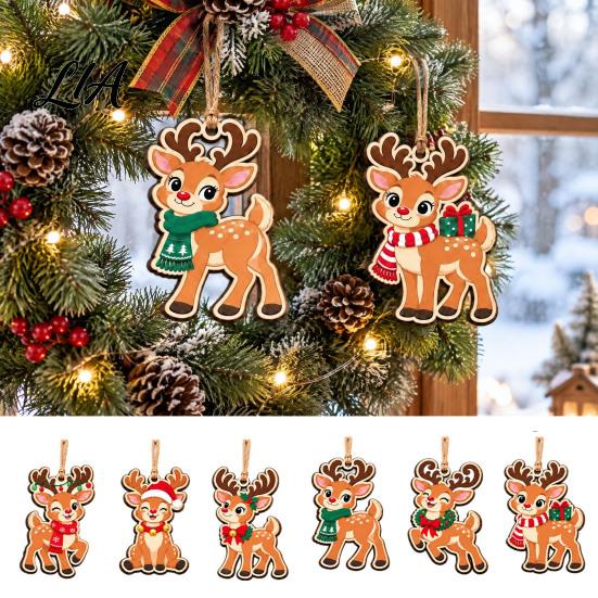 Christmas Tree Ornaments 6Pcs Wooden Reindeer Ornament, Cute Deer Hanging Decor Party Supplies with Jute String, Holiday Pendant for Home Shop