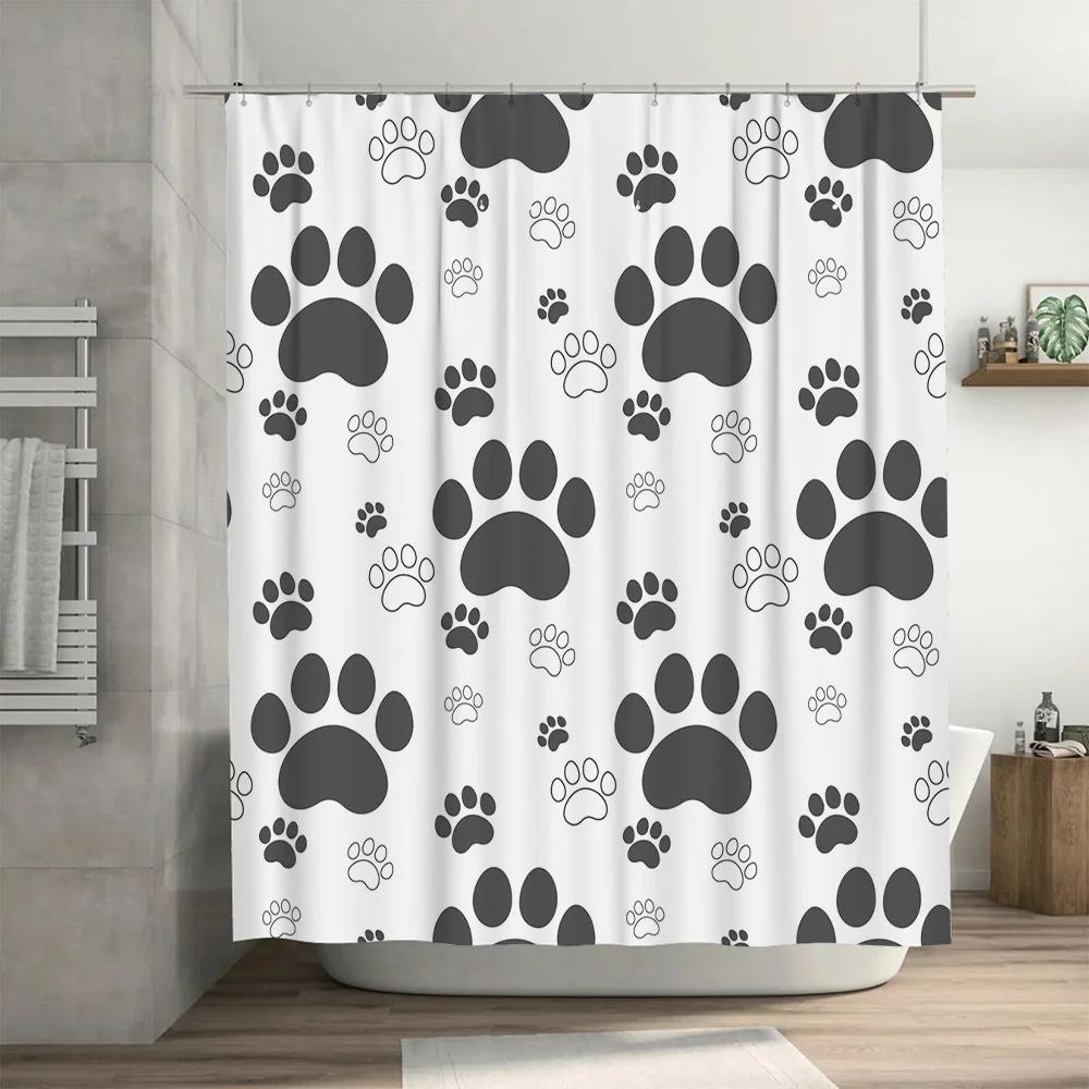 White Shower Curtain With Black Paw Prints Decorative Pet Print Shower Cover For Bathroom – Easy Installation Waterproof Materia